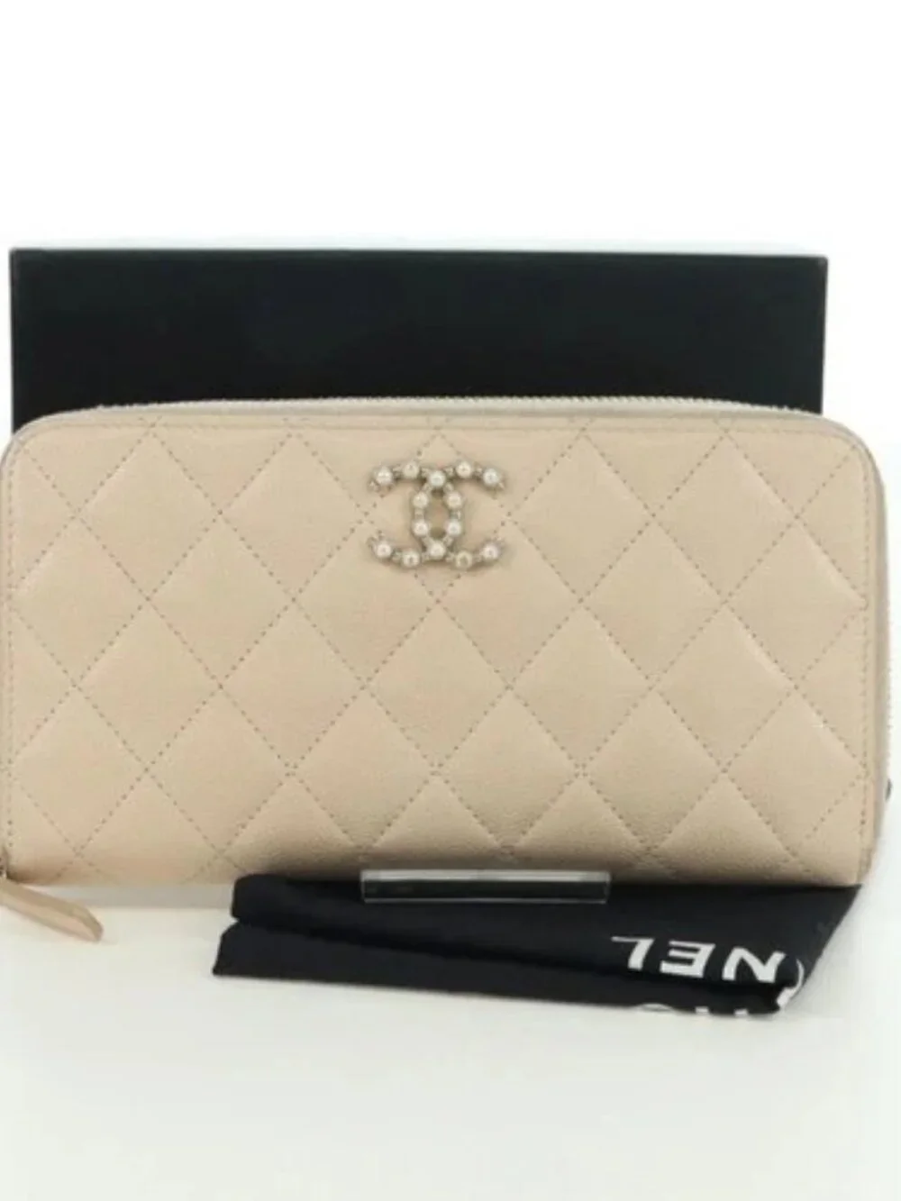 CHANEL Long Wallet Lamb Skin Beige Gold CC Auth 167178SAM